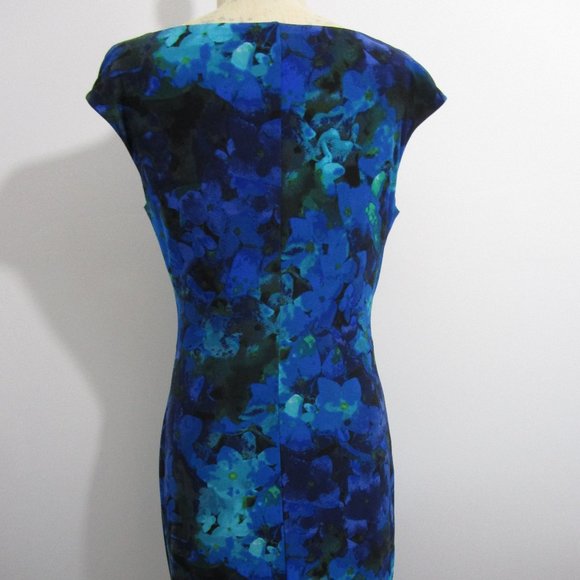 sz10 Cowl Knit Dress Bodycon Shirring Floral Blue - Picture 10 of 11